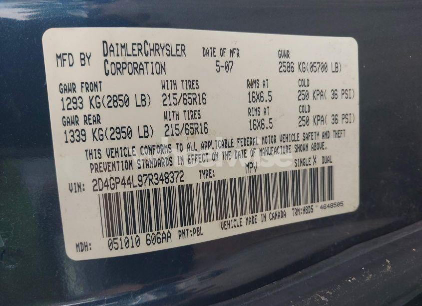 Photo 9 of 2007 Dodge Grand CARAVAN SXT (VIN 2D4GP44L97R348372)