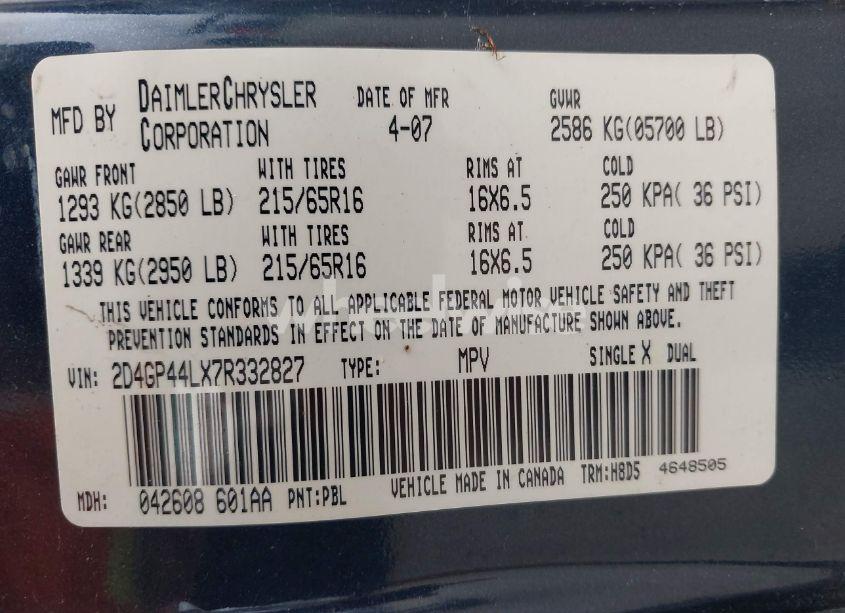 Photo 9 of 2007 Dodge Grand CARAVAN SXT (VIN 2D4GP44LX7R332827)