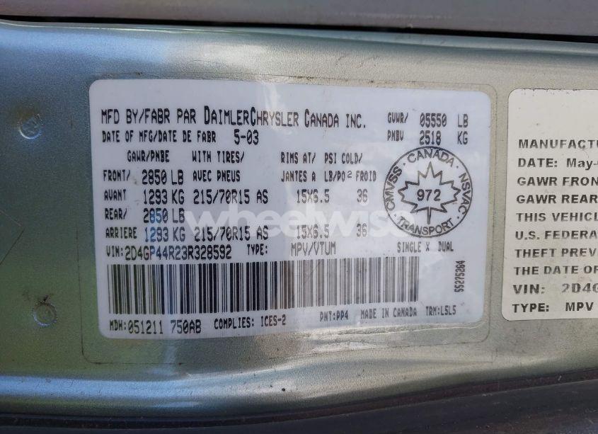 Photo 9 of 2003 Dodge Grand CARAVAN SPORT (VIN 2D4GP44R23R328592)