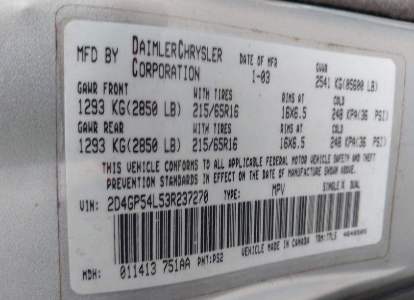 Photo 9 of 2003 Dodge Grand CARAVAN ES (VIN 2D4GP54L53R237270)