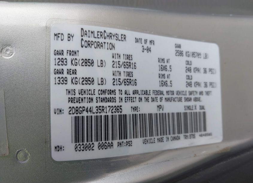Photo 9 of 2005 Dodge Grand CARAVAN SXT (VIN 2D8GP44L35R172365)