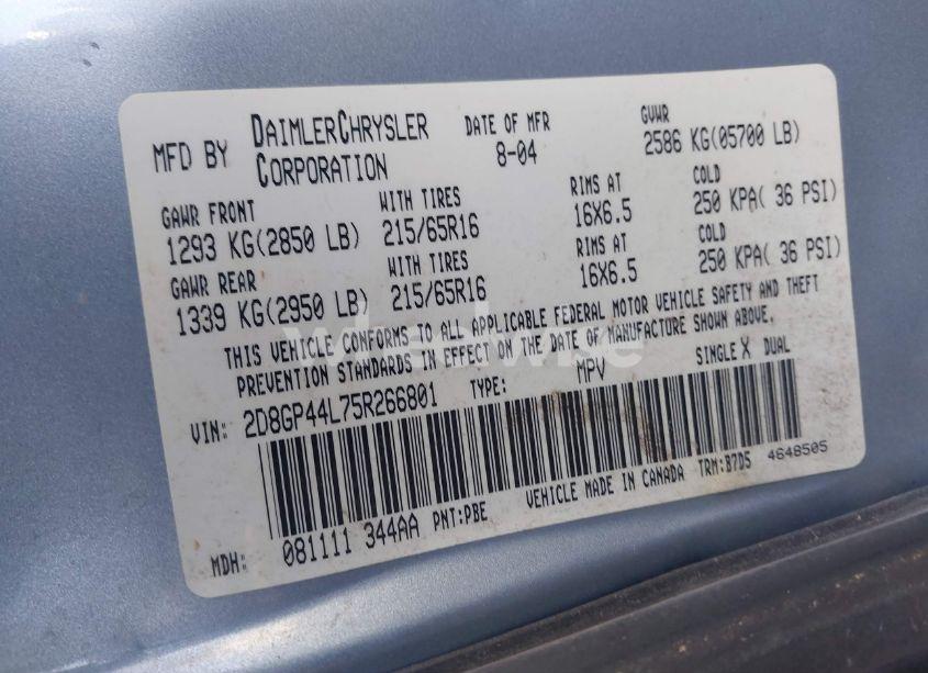 Photo 9 of 2005 Dodge Grand CARAVAN SXT (VIN 2D8GP44L75R266801)