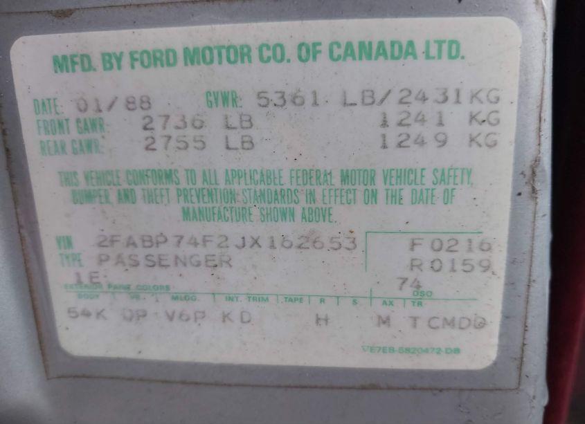 Photo 9 of 1988 Ford Crown VICTORIA LX (VIN 2FABP74F2JX162653)