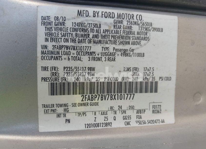 Photo 9 of 2011 Ford Crown VICTORIA POLICE (VIN 2FABP7BV7BX101777)