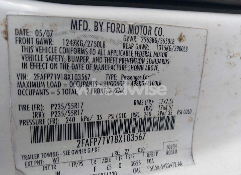 Photo 9 of 2008 Ford Crown VICTORIA POLICE/POLICE INTERCEPTOR (VIN 2FAFP71V18X103567)