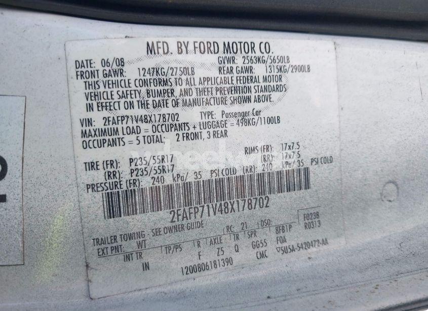 Photo 9 of 2008 Ford Crown VICTORIA POLICE/POLICE INTERCEPTOR (VIN 2FAFP71V48X178702)