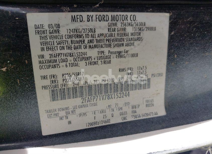 Photo 9 of 2008 Ford Crown VICTORIA POLICE/POLICE INTERCEPTOR (VIN 2FAFP71V78X153244)