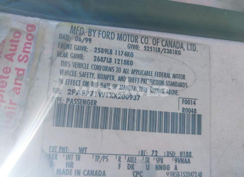 Photo 9 of 1999 Ford Crown VICTORIA POLICE INTERCEPTOR (VIN 2FAFP71W1XX200937)