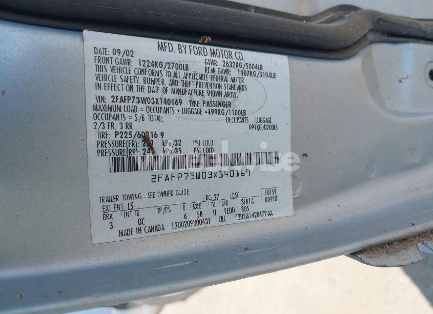 Photo 9 of 2003 Ford Crown VICTORIA STANDARD (VIN 2FAFP73W03X140169)