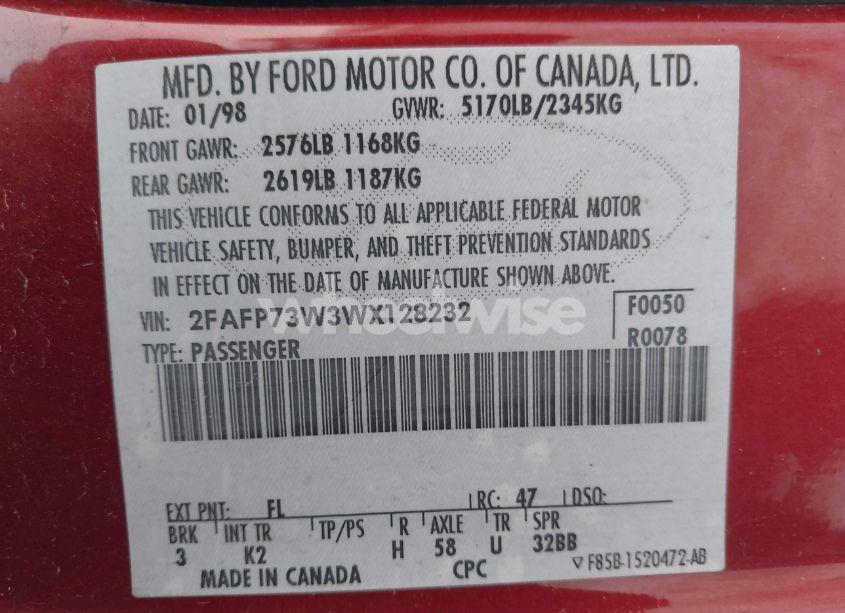 Photo 9 of 1998 Ford Crown VICTORIA (VIN 2FAFP73W3WX128232)