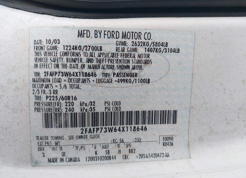 Photo 9 of 2004 Ford Crown VICTORIA STANDARD (VIN 2FAFP73W64X118646)