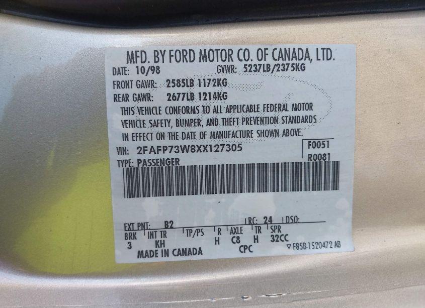 Photo 9 of 1999 Ford Crown VICTORIA (VIN 2FAFP73W8XX127305)