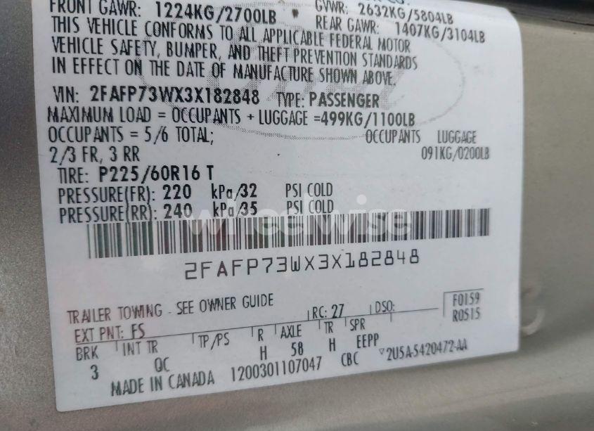 Photo 9 of 2003 Ford Crown VICTORIA STANDARD (VIN 2FAFP73WX3X182848)