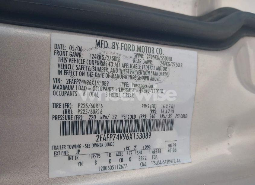 Photo 9 of 2006 Ford Crown VICTORIA LX/LX SPORT (VIN 2FAFP74V96X153089)