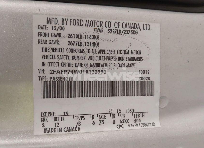 Photo 9 of 2001 Ford Crown VICTORIA LX (VIN 2FAFP74W01X133993)