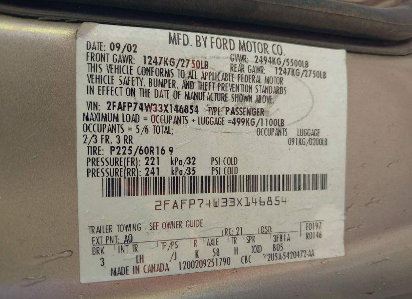 Photo 9 of 2003 Ford Crown VICTORIA LX (VIN 2FAFP74W33X146854)