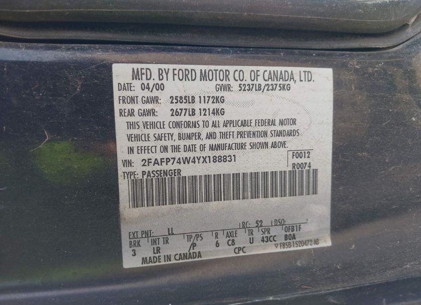 Photo 9 of 2000 Ford Crown VICTORIA LX (VIN 2FAFP74W4YX188831)