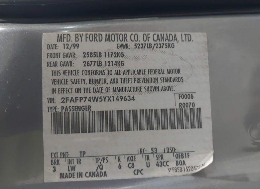 Photo 9 of 2000 Ford Crown VICTORIA LX (VIN 2FAFP74W5YX149634)