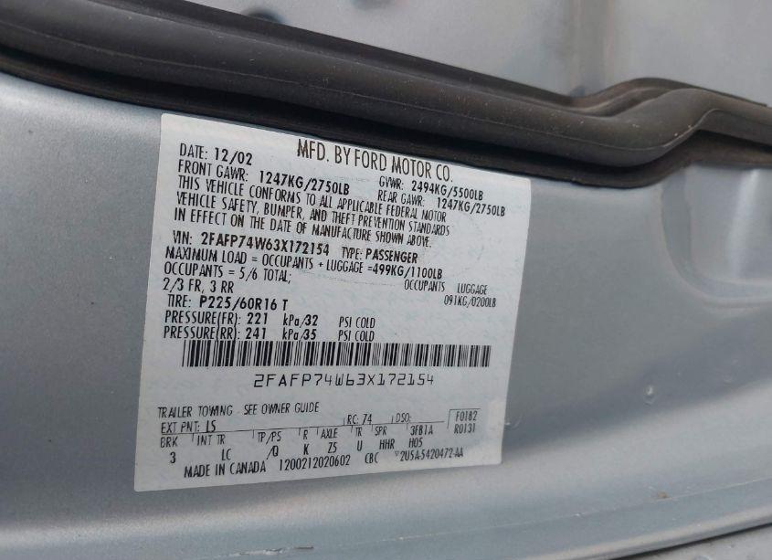 Photo 9 of 2003 Ford Crown VICTORIA LX (VIN 2FAFP74W63X172154)