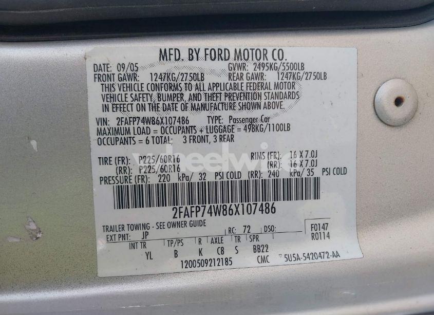 Photo 9 of 2006 Ford Crown VICTORIA LX/LX SPORT (VIN 2FAFP74W86X107486)