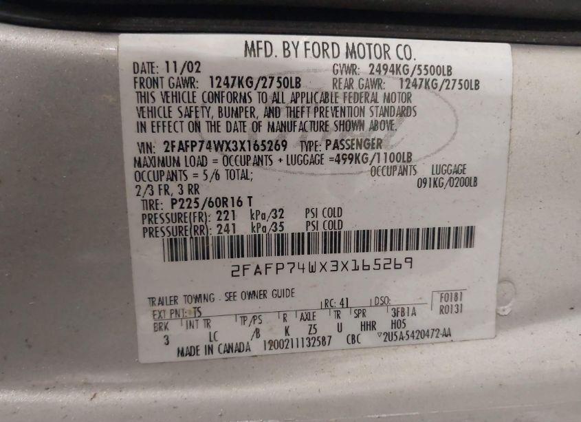 Photo 9 of 2003 Ford Crown VICTORIA LX (VIN 2FAFP74WX3X165269)