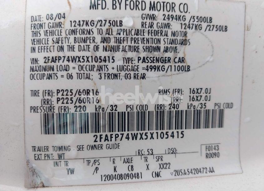 Photo 9 of 2005 Ford Crown VICTORIA LX/LX SPORT (VIN 2FAFP74WX5X105415)