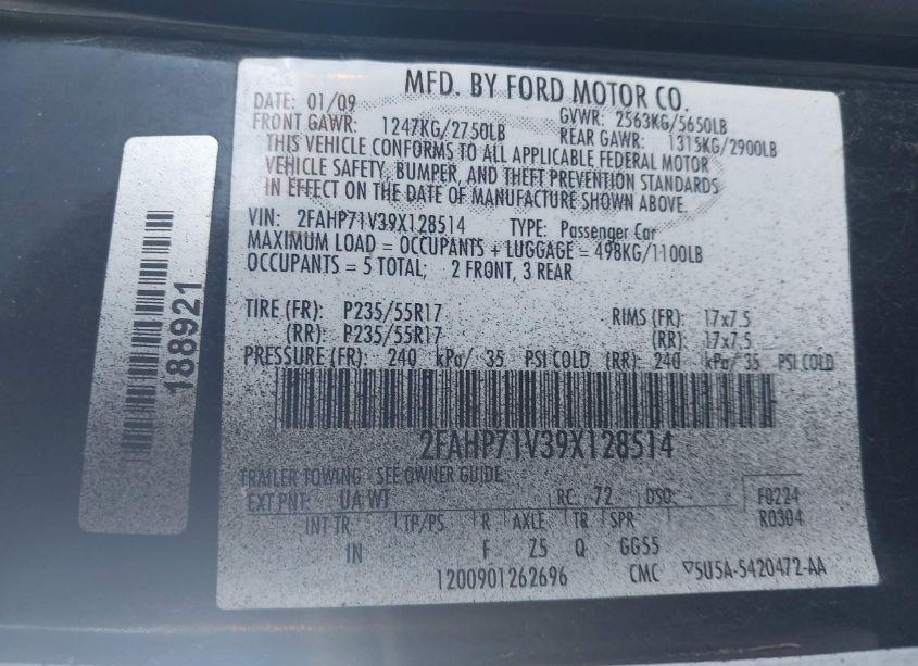 Photo 9 of 2009 Ford Crown VICTORIA POLICE/POLICE INTERCEPTOR (VIN 2FAHP71V39X128514)