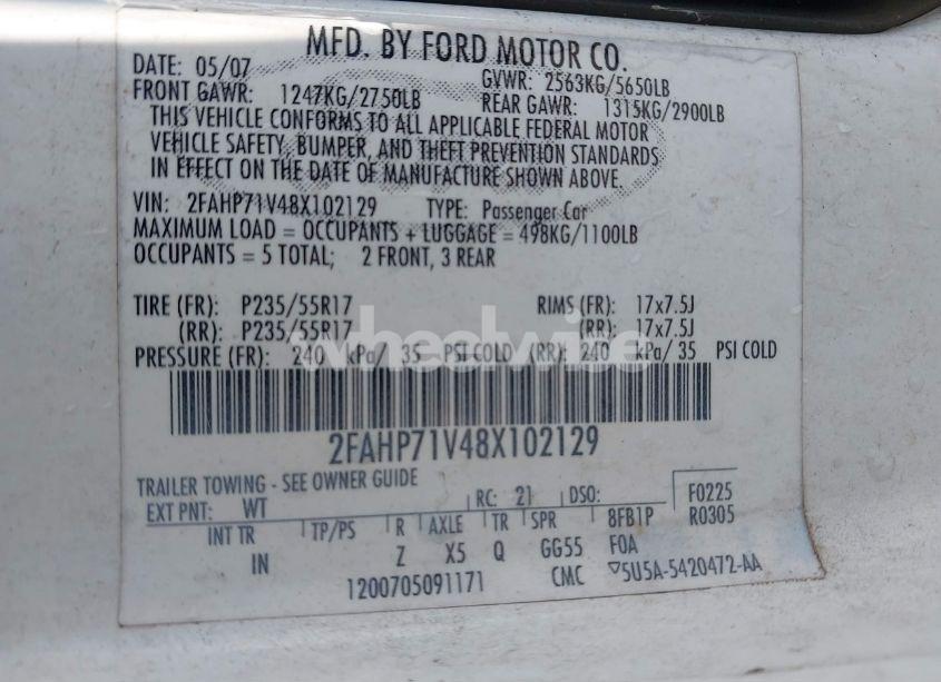 Photo 9 of 2008 Ford Crown VICTORIA POLICE/POLICE INTERCEPTOR (VIN 2FAHP71V48X102129)