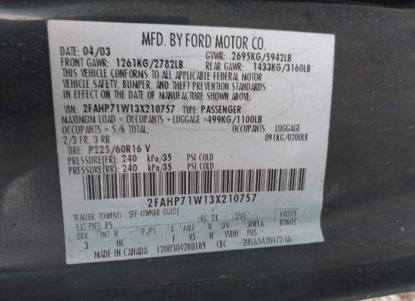 Photo 9 of 2003 Ford Crown VICTORIA POLICE (VIN 2FAHP71W13X210757)