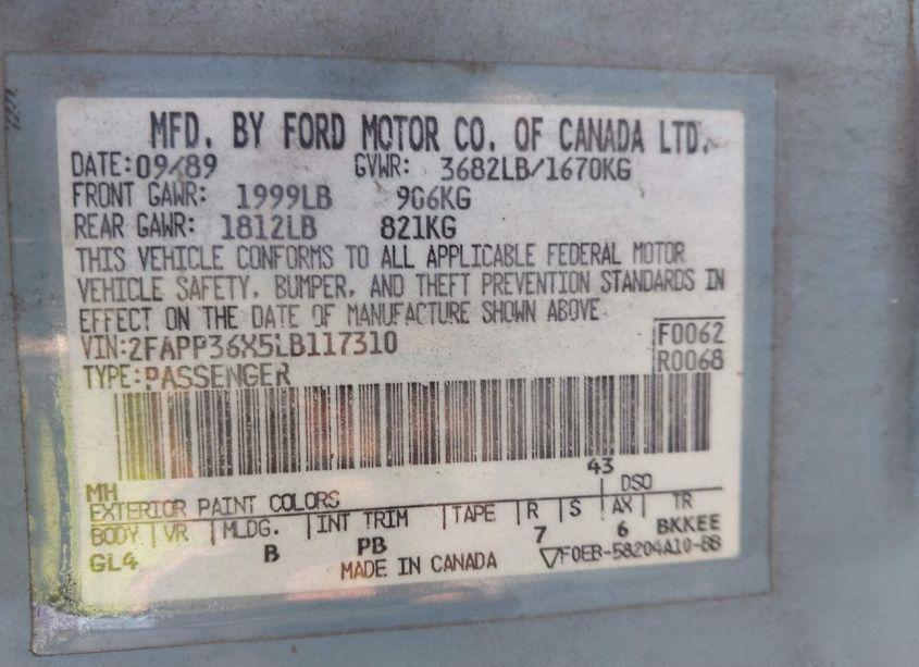 Photo 9 of 1990 Ford Tempo GL (VIN 2FAPP36X5LB117310)