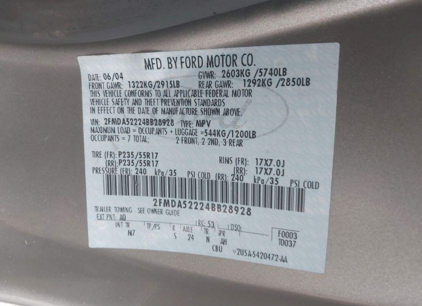 Photo 9 of 2004 Ford Freestar SEL (VIN 2FMDA52224BB28928)