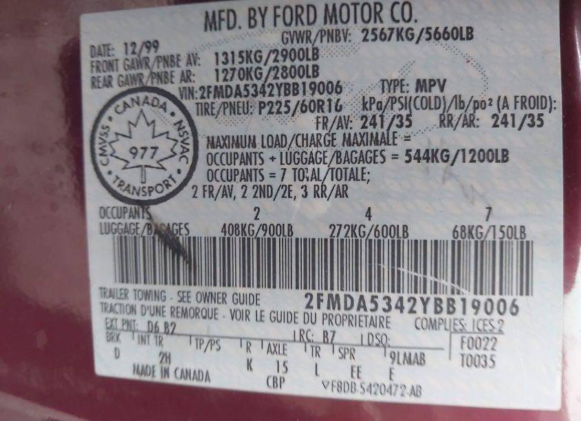 Photo 9 of 2000 Ford Windstar LIMITED/SEL (VIN 2FMDA5342YBB19006)