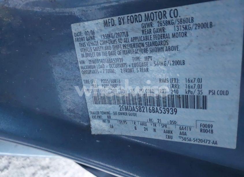 Photo 9 of 2006 Ford Freestar LIMITED (VIN 2FMDA58216BA53939)