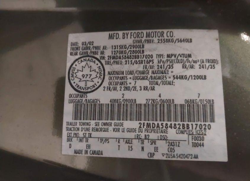 Photo 9 of 2002 Ford Windstar LIMITED (VIN 2FMDA58482BB17020)