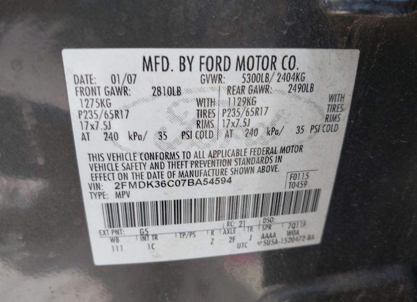 Photo 9 of 2007 Ford Edge SE (VIN 2FMDK36C07BA54594)