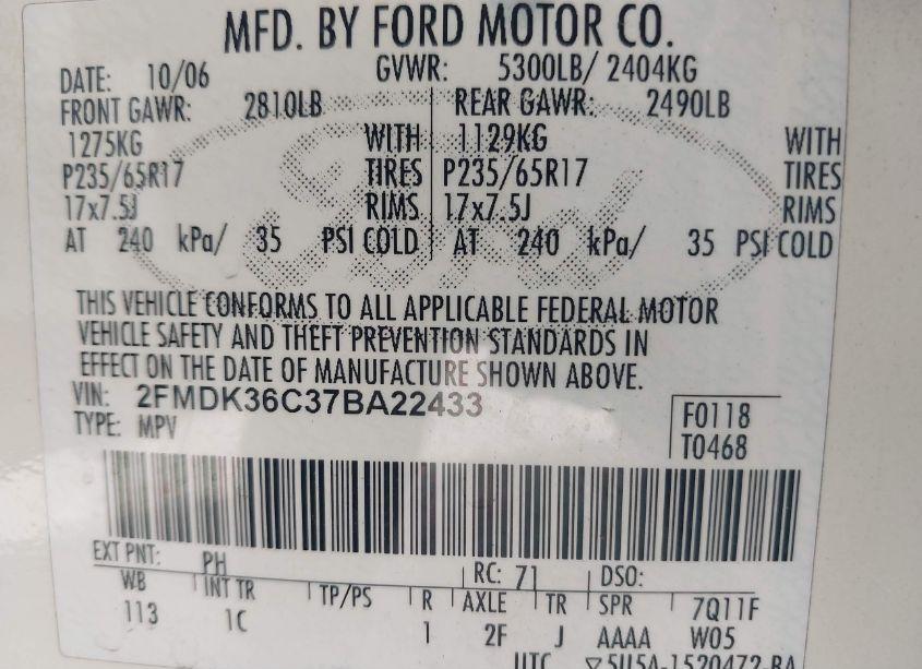 Photo 9 of 2007 Ford Edge SE (VIN 2FMDK36C37BA22433)