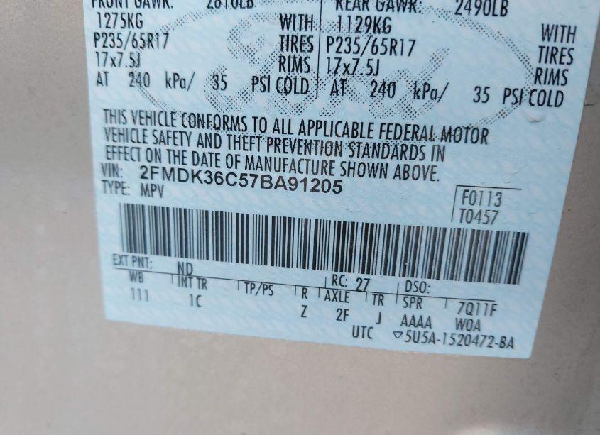 Photo 9 of 2007 Ford Edge SE (VIN 2FMDK36C57BA91205)