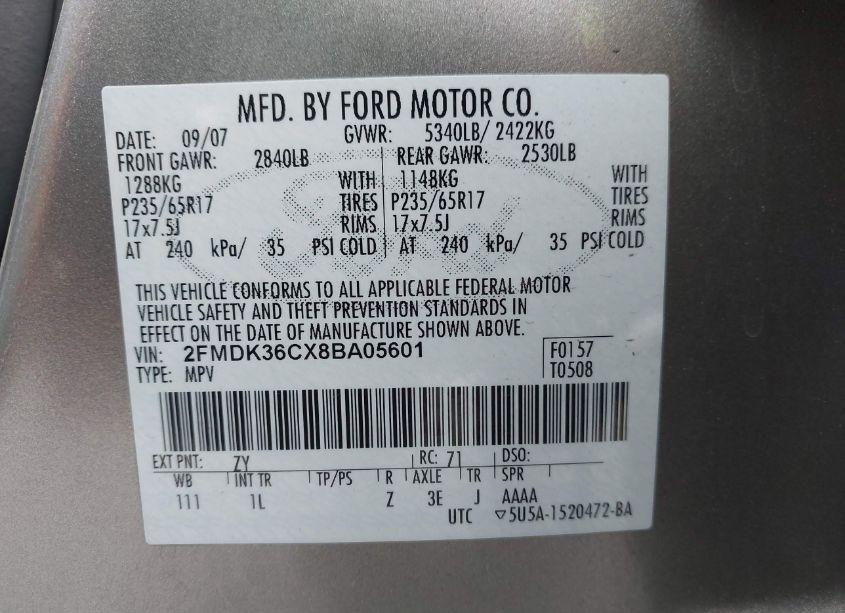 Photo 9 of 2008 Ford Edge SE (VIN 2FMDK36CX8BA05601)
