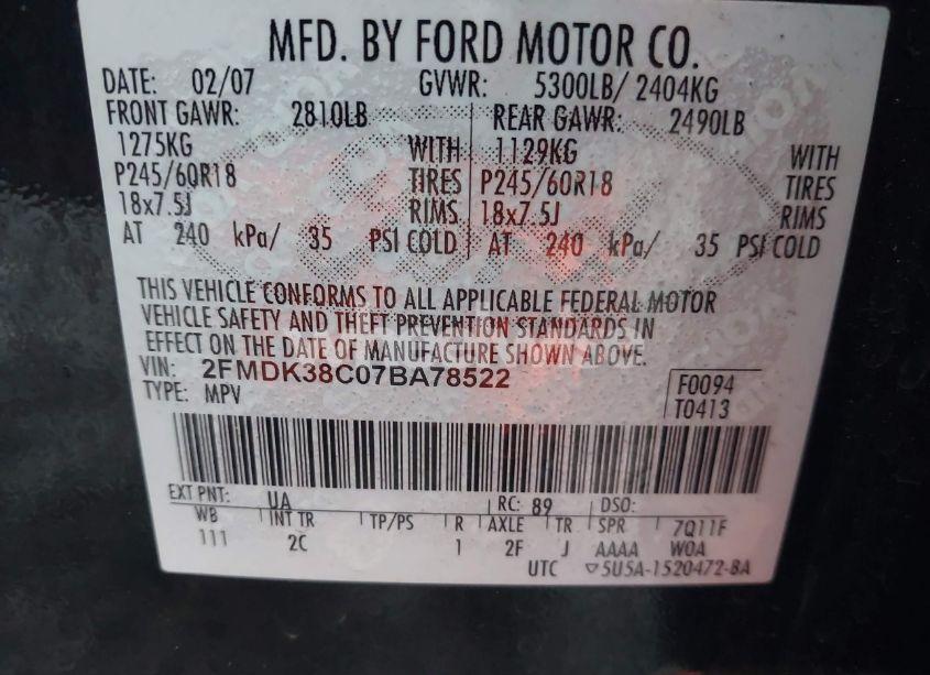 Photo 9 of 2007 Ford Edge SEL (VIN 2FMDK38C07BA78522)