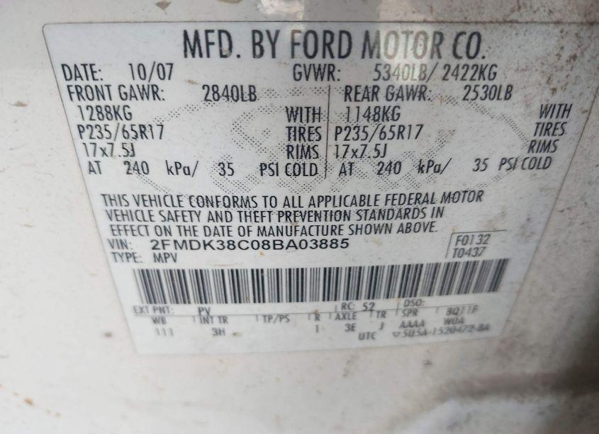 Photo 9 of 2008 Ford Edge SEL (VIN 2FMDK38C08BA03885)
