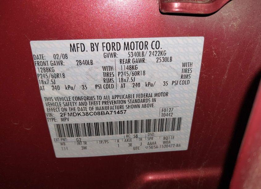 Photo 9 of 2008 Ford Edge SEL (VIN 2FMDK38C08BA71457)