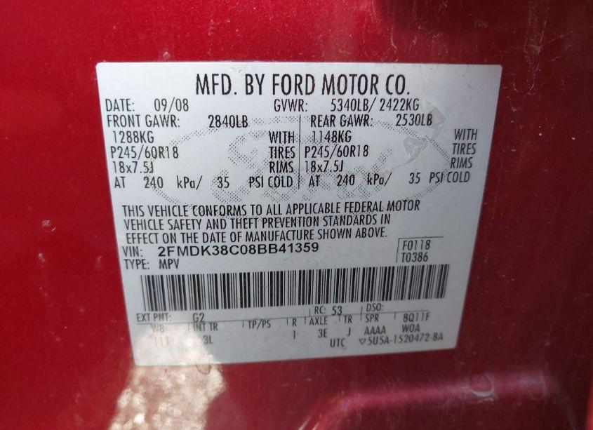 Photo 9 of 2008 Ford Edge SEL (VIN 2FMDK38C08BB41359)