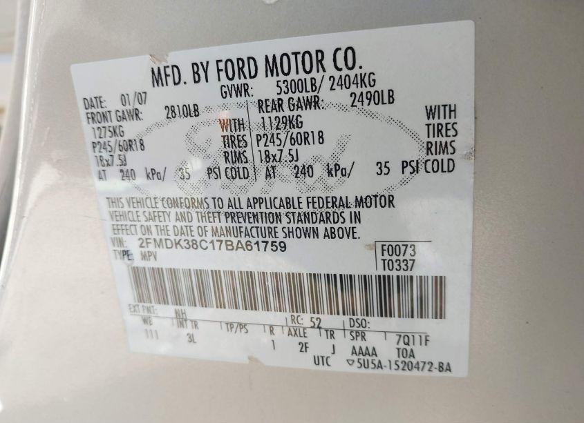 Photo 9 of 2007 Ford Edge SEL (VIN 2FMDK38C17BA61759)