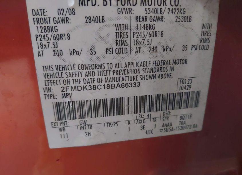 Photo 9 of 2008 Ford Edge SEL (VIN 2FMDK38C18BA66333)