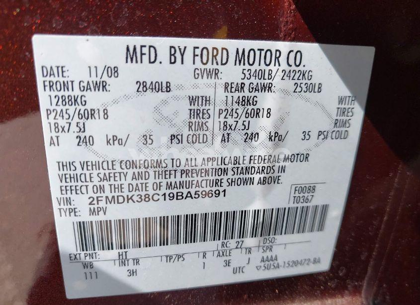 Photo 9 of 2009 Ford Edge SEL (VIN 2FMDK38C19BA59691)
