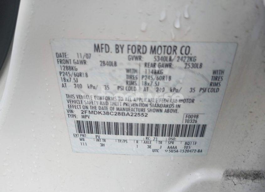 Photo 9 of 2008 Ford Edge SEL (VIN 2FMDK38C28BA22552)