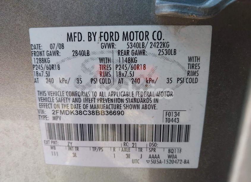 Photo 9 of 2008 Ford Edge SEL (VIN 2FMDK38C38BB36690)