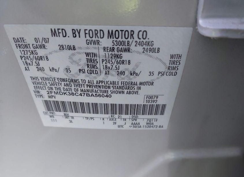Photo 9 of 2007 Ford Edge SEL (VIN 2FMDK38C47BA56040)