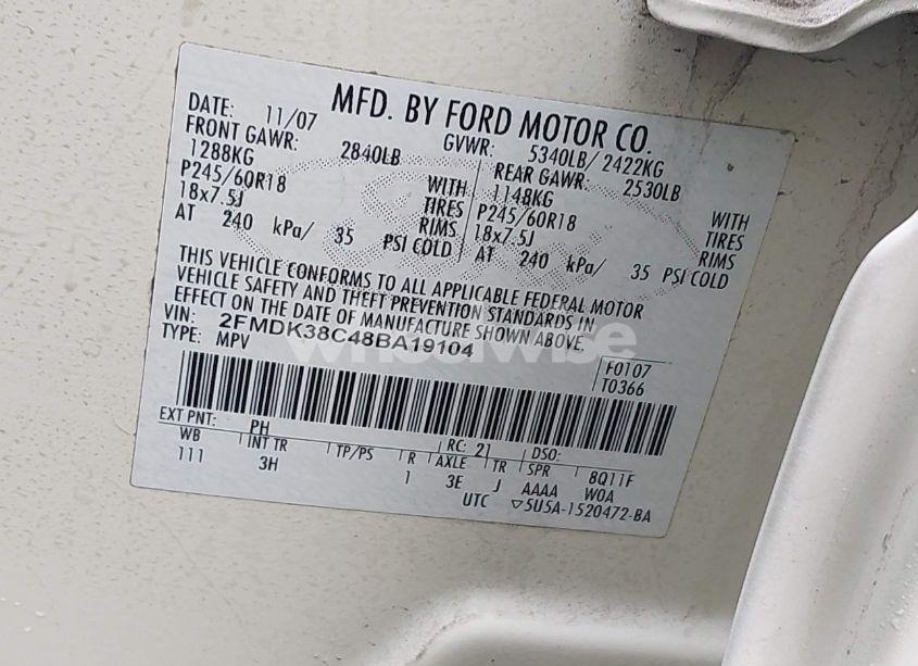 Photo 9 of 2008 Ford Edge SEL (VIN 2FMDK38C48BA19104)