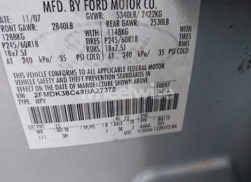 Photo 9 of 2008 Ford Edge SEL (VIN 2FMDK38C48BA27378)